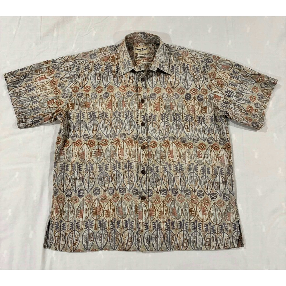 Cooke Street Honolulu Mens Large Cotton Aloha Shirt Geometric Leaf Print Brown